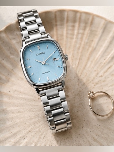 Casio Silver Bracelet Watch With Light Blue Dial